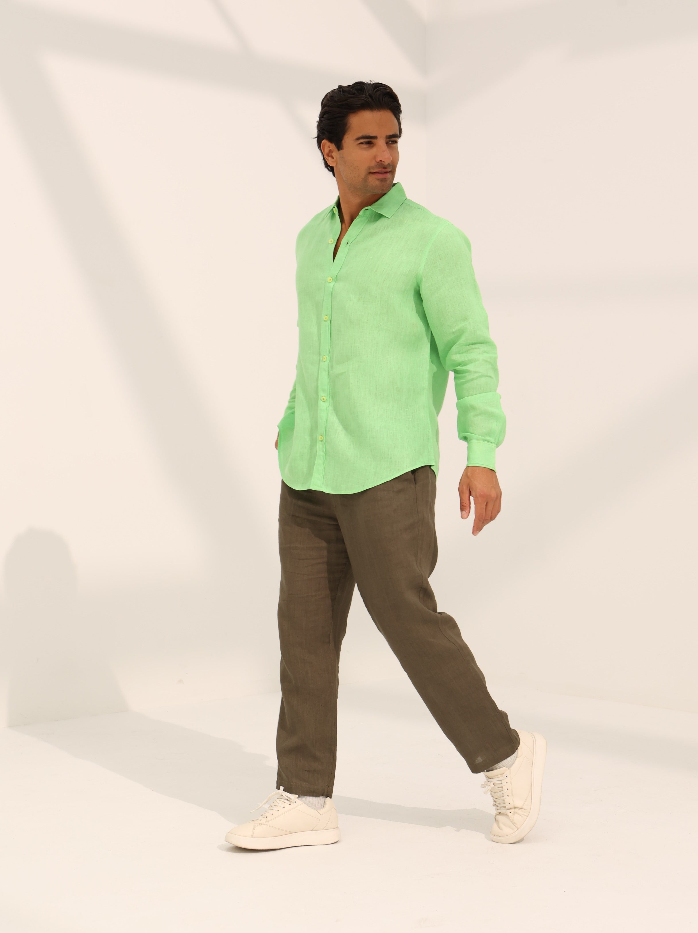 100% pure linen, long sleeve shirt in lime green