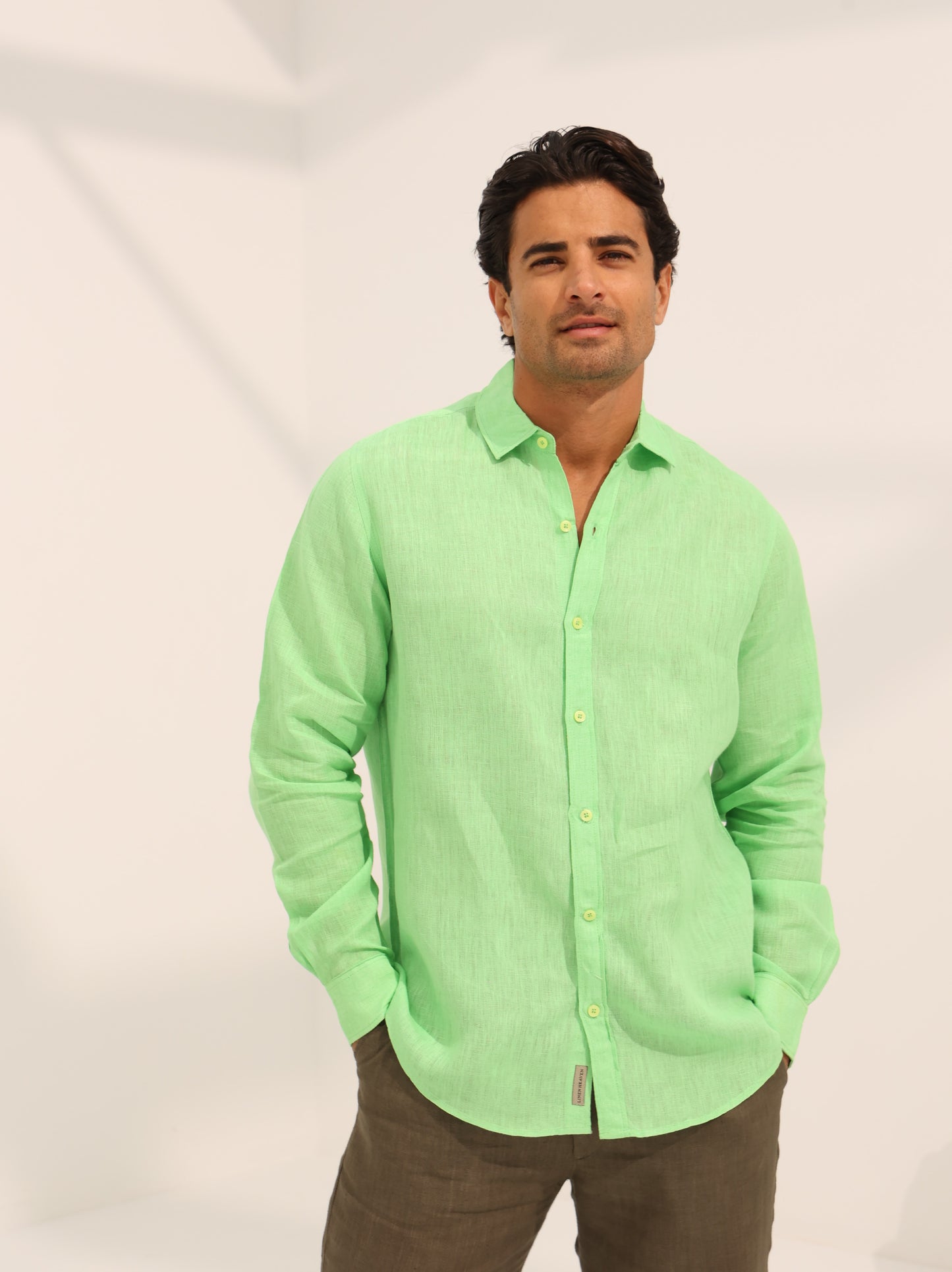 100% pure linen, long sleeve shirt in lime green