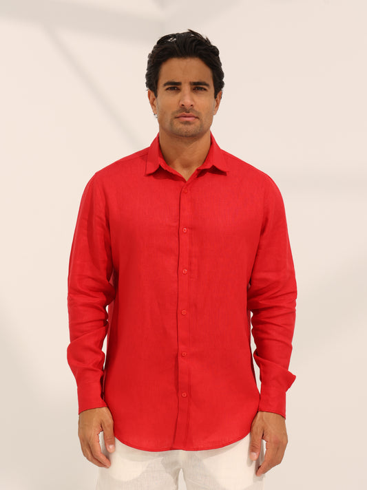 100% pure linen, long sleeve shirt in red