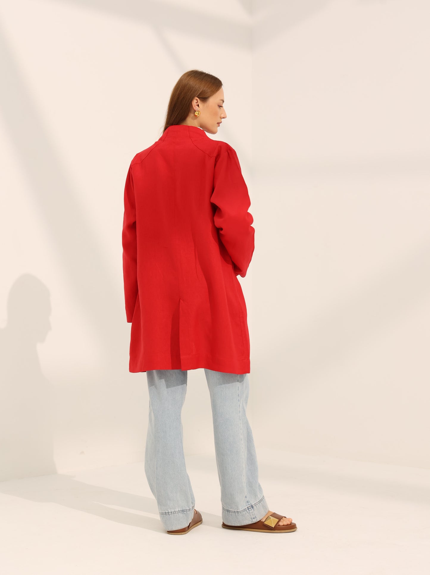 100% pure Linen Coat in roman red