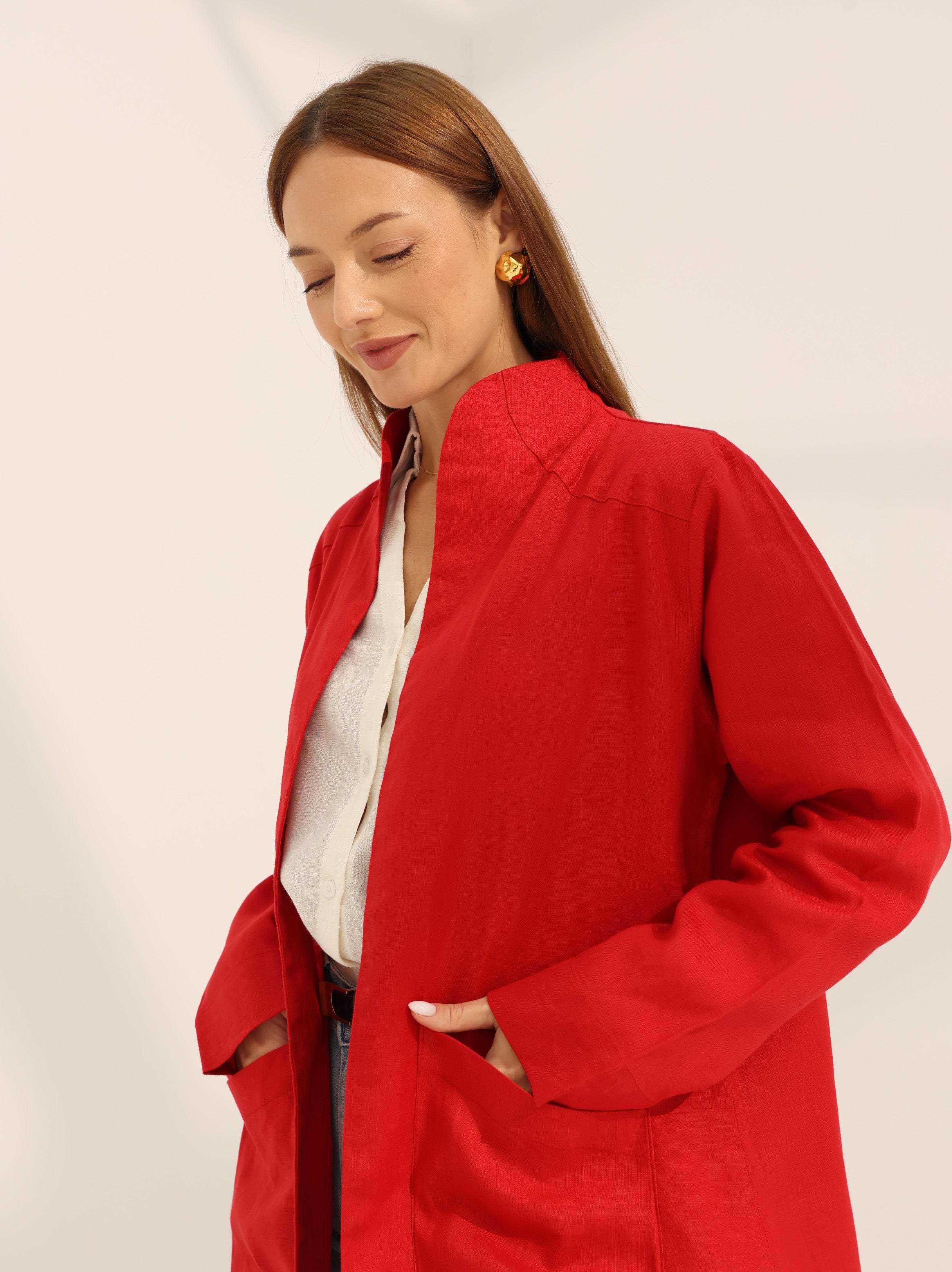 100% pure Linen Coat in roman red