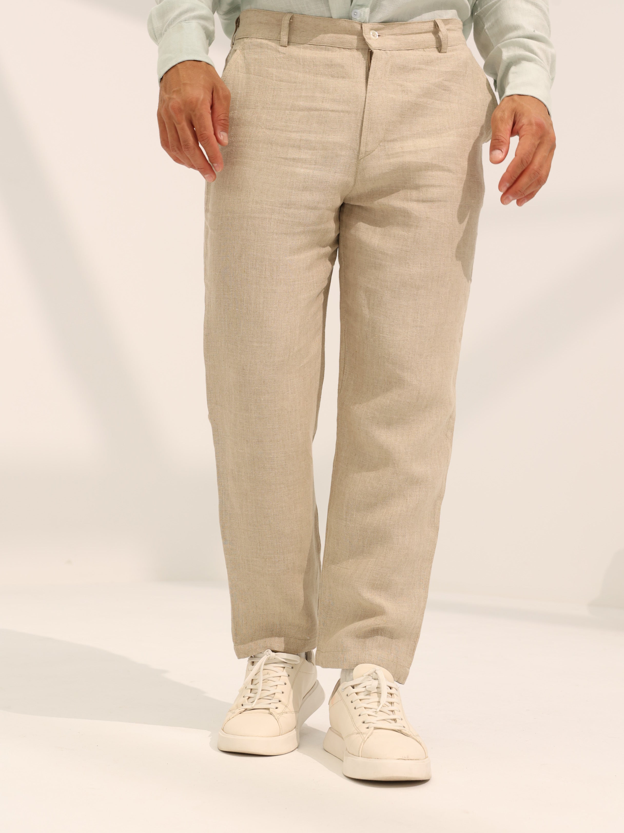 100% Pure linen Trousers in olive green