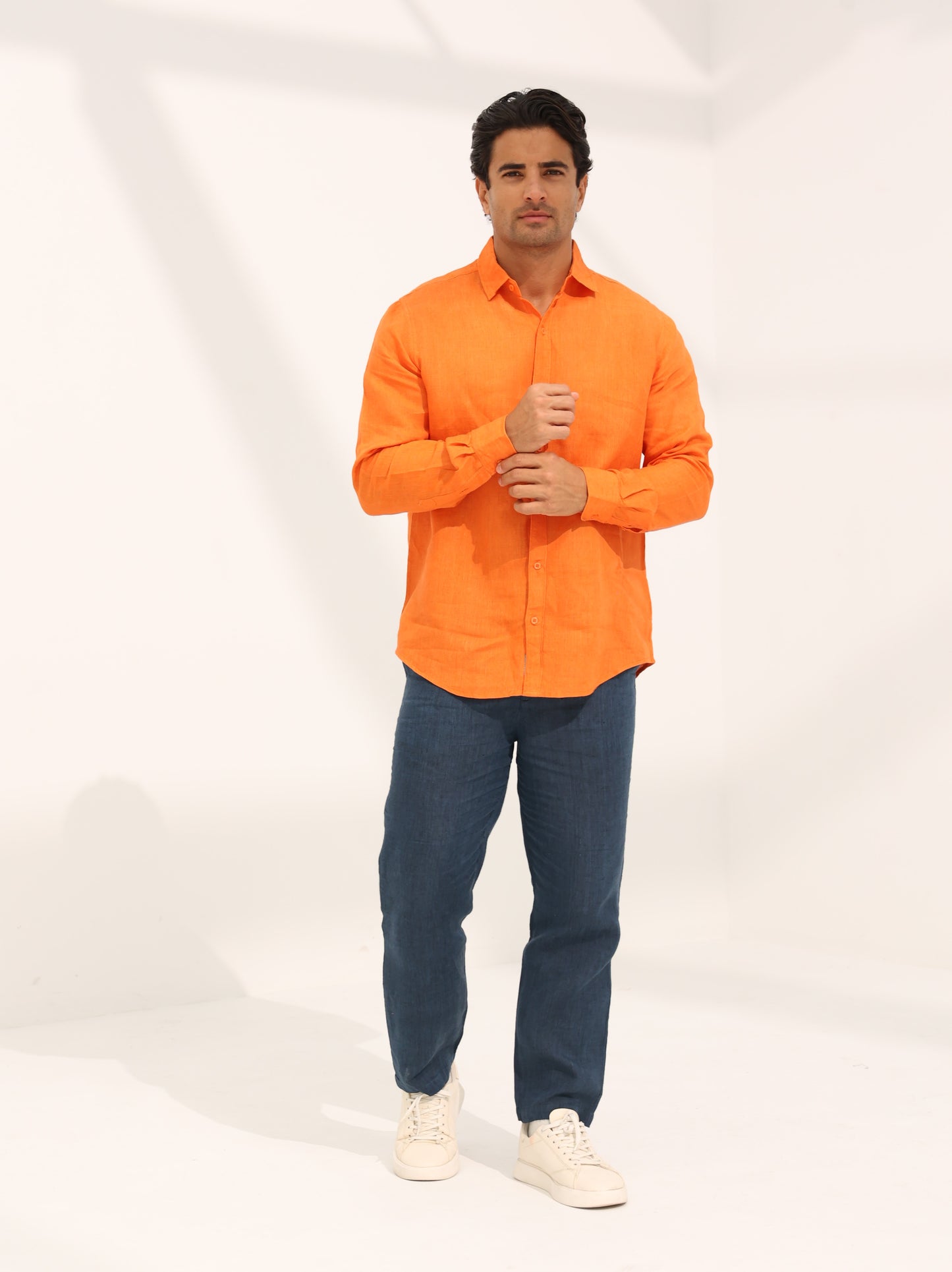 100% pure linen, long sleeve shirt in orange