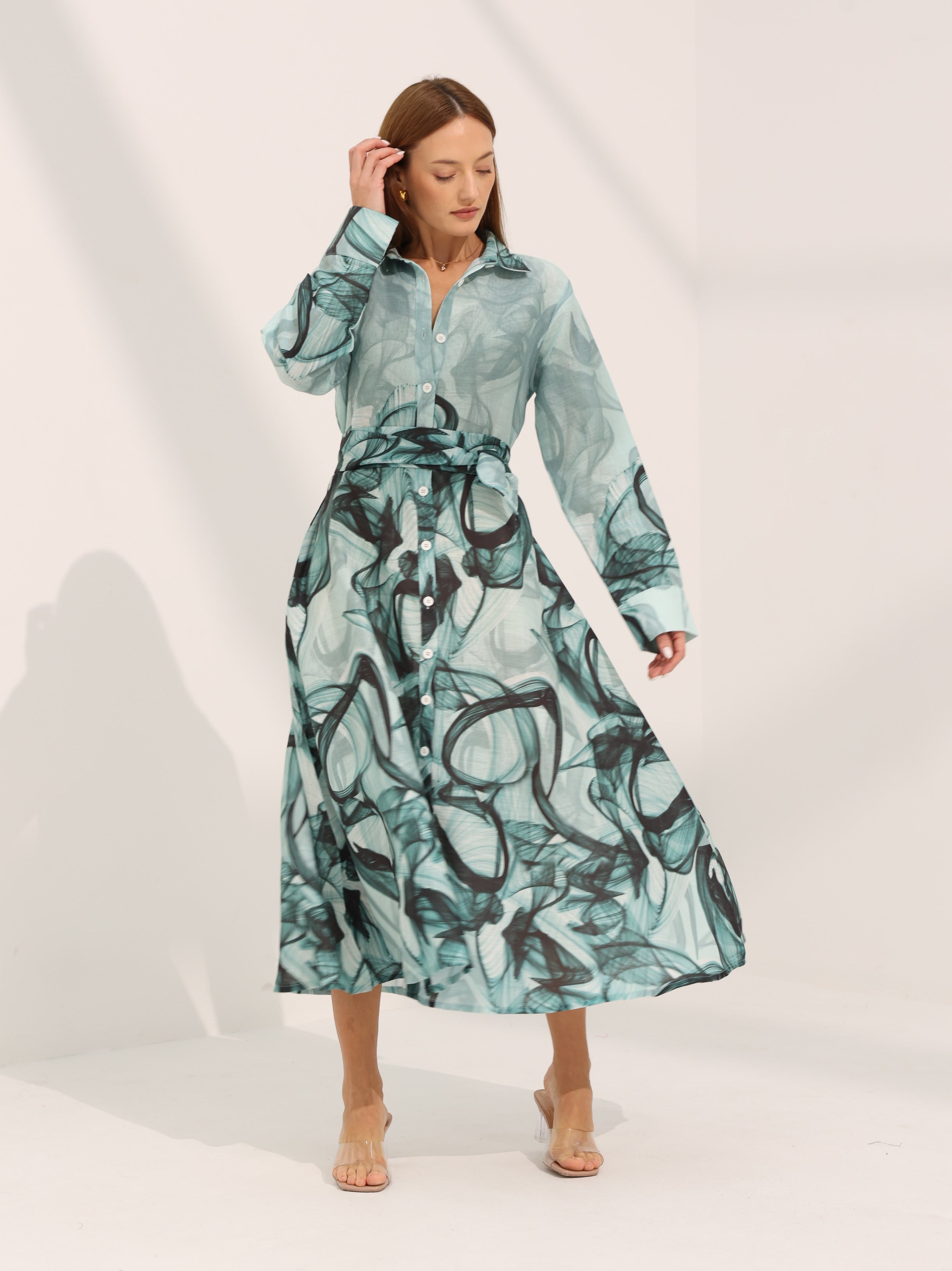 100% pure linen, long sleeve dress in blue shades print