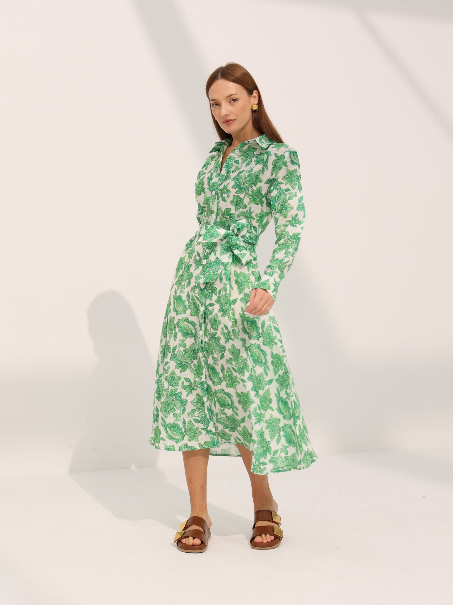 100% pure linen, long sleeve dress in floral print