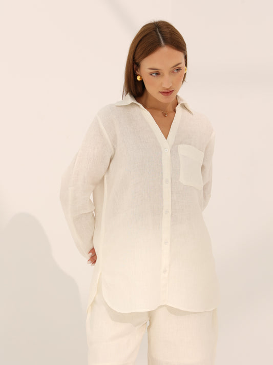 100% pure linen, long sleeve shirt in white