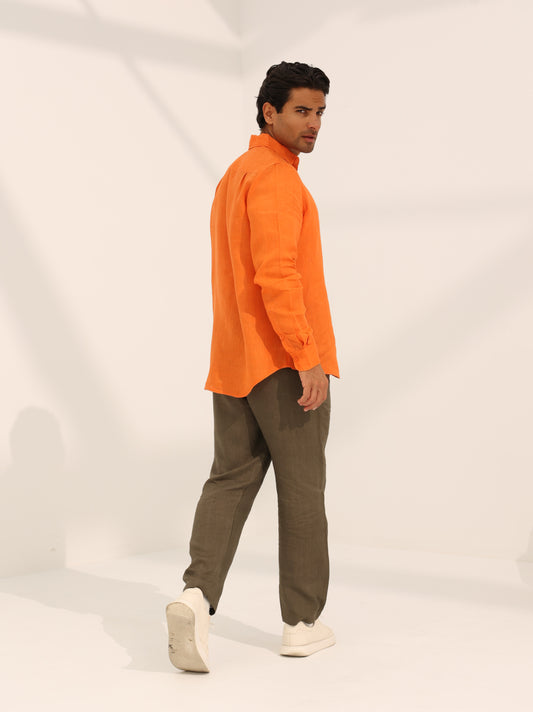 100% pure linen, long sleeve shirt in orange