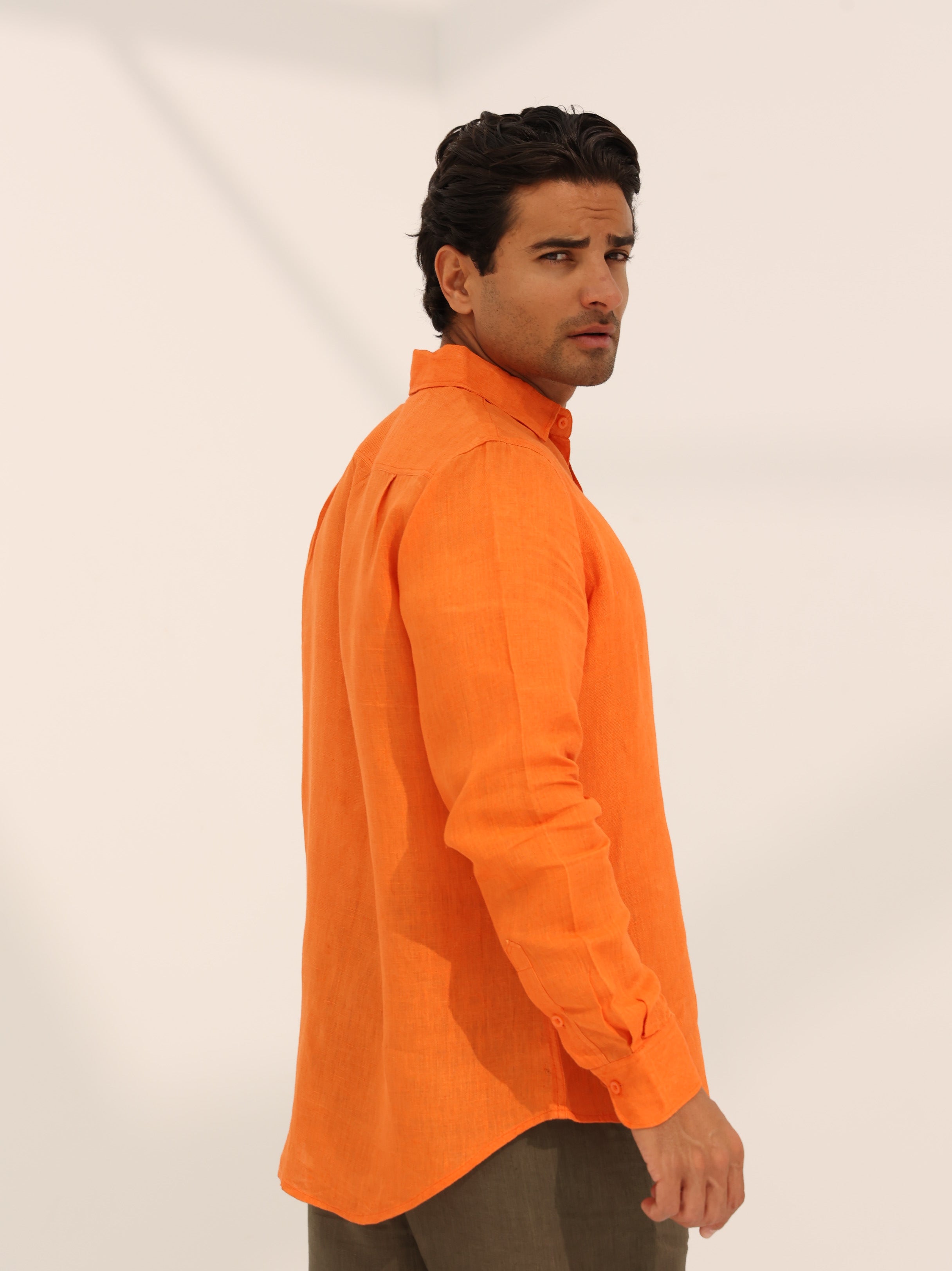 100% pure linen, long sleeve shirt in orange