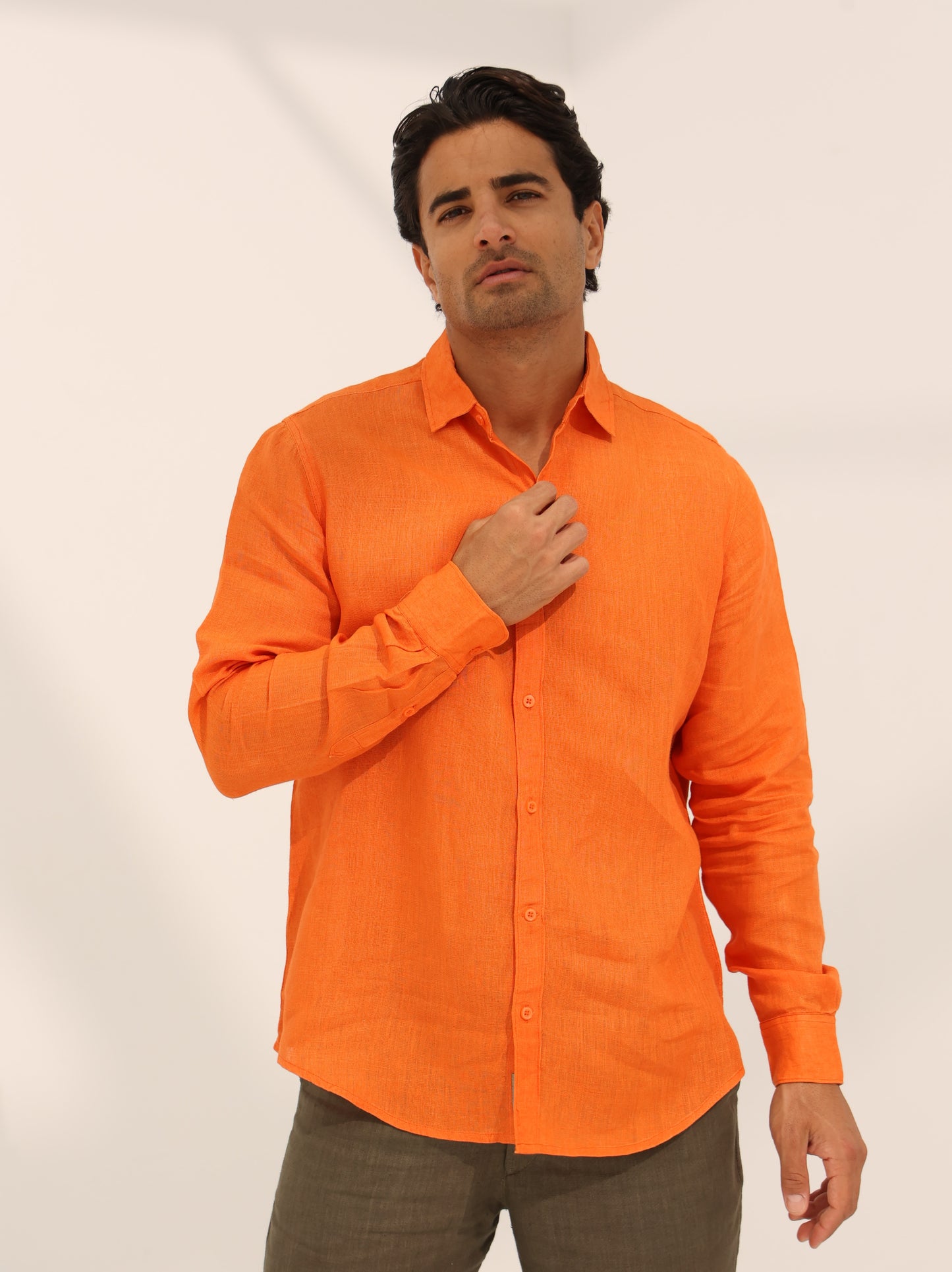 100% pure linen, long sleeve shirt in orange