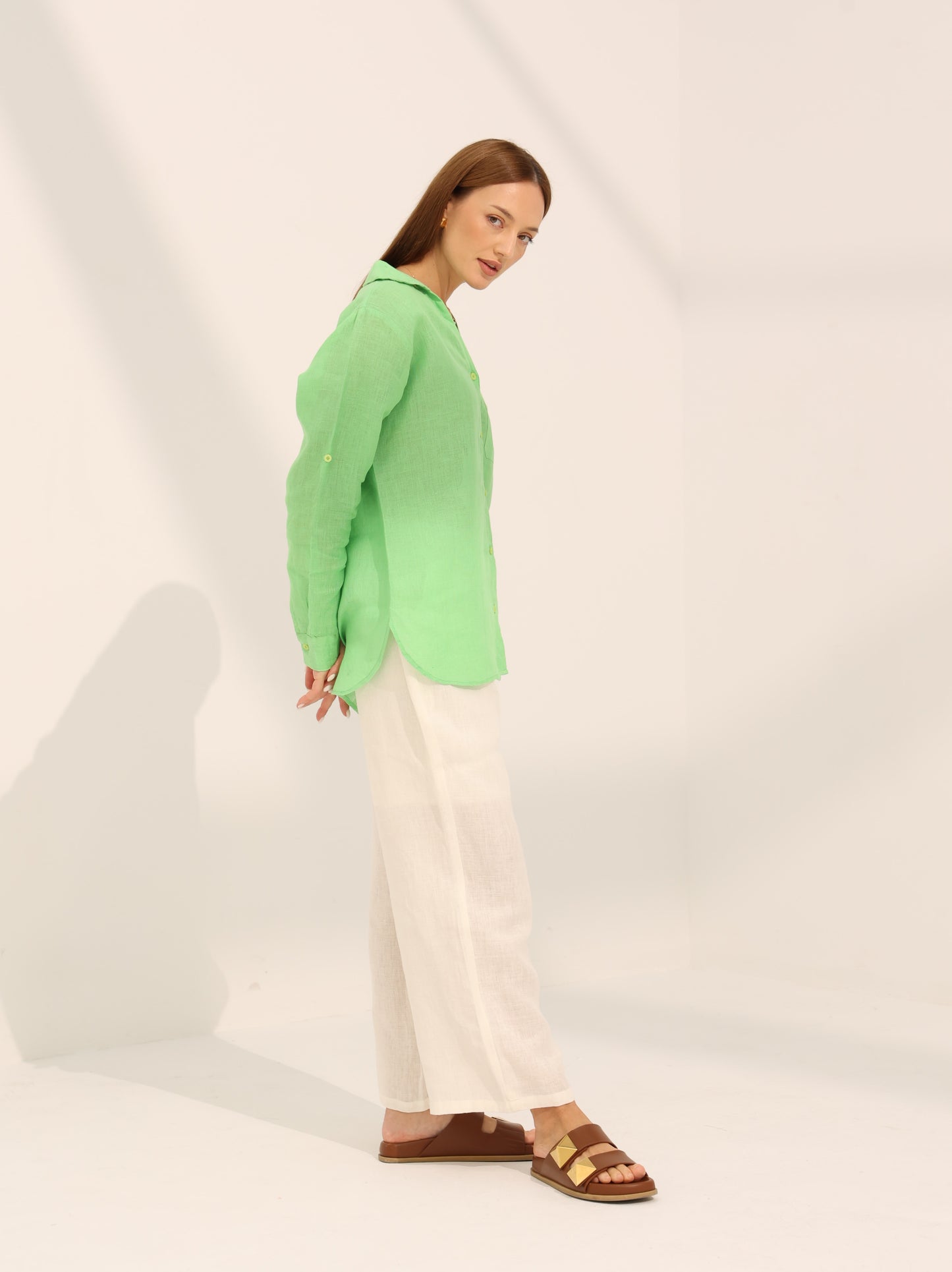 100% pure linen, long sleeve shirt in lime green