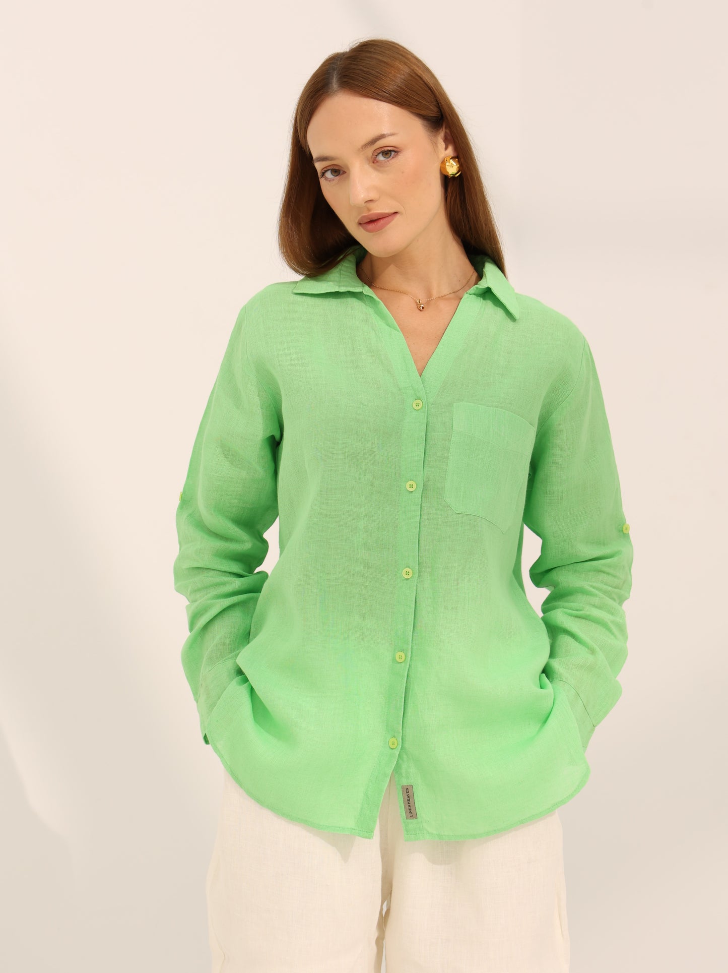 100% pure linen, long sleeve shirt in lime green